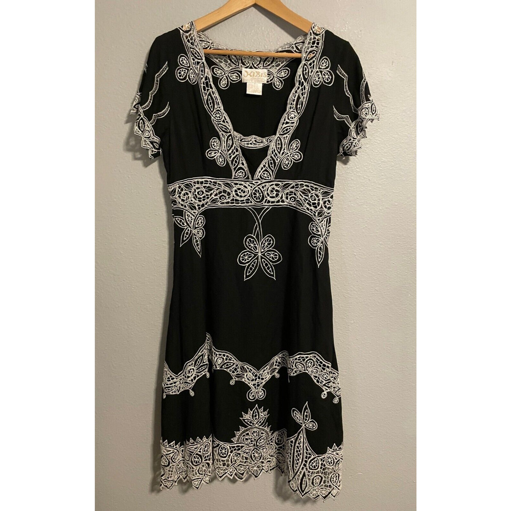 Vintage HiBis Womens Dress Small Black Rayon Floral Embroidered Whimsigoth 90s